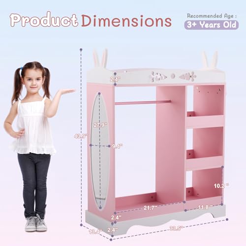 Kids Rabbit-Shaped Dress Up Wardrobe with Mirror, Hooks, and Storage Shelves