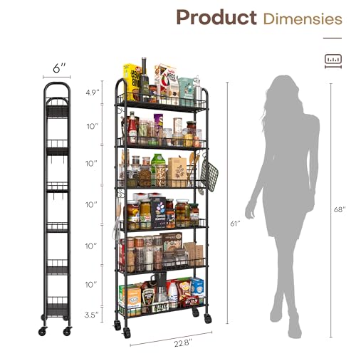 Slim 6-Tier Rolling Storage Cart, 6-Inch Narrow Metal Utility Cart on Wheels