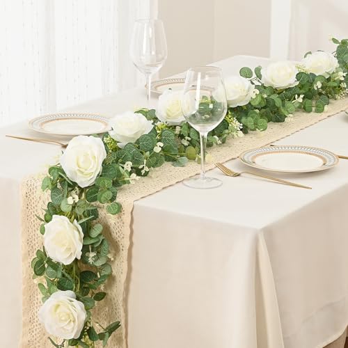 2Pcs 13Ft Eucalyptus Garlands with 8 White Roses - Faux Floral Decor for Weddings and Events