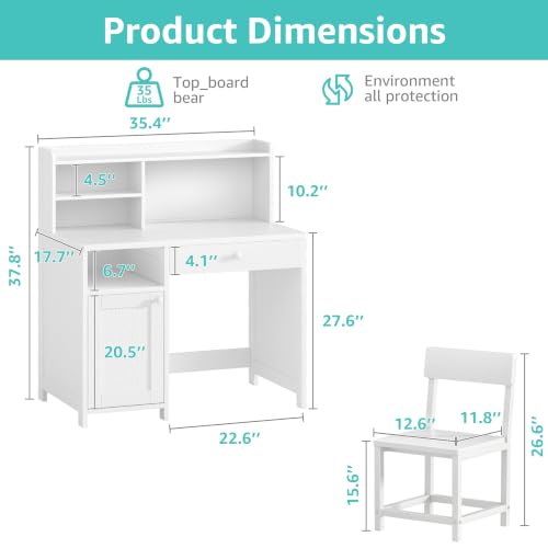 BOLUO Wooden Kids Study Desk with Storage & Chair Set, White for Ages 8-12