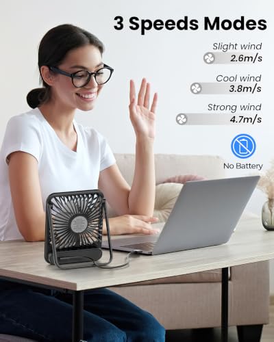 Koonie USB Desk Fan, 3-Speed Quiet Small Personal Fan for Office