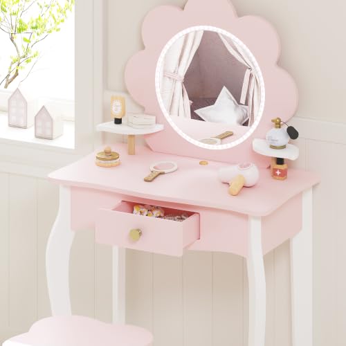 Kids Vanity Set with LED Flower Mirror and Stool - Pastel Pink