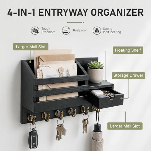 Rustic Farmhouse Wall Key Holder with Drawer and 6 Hooks for Entryway