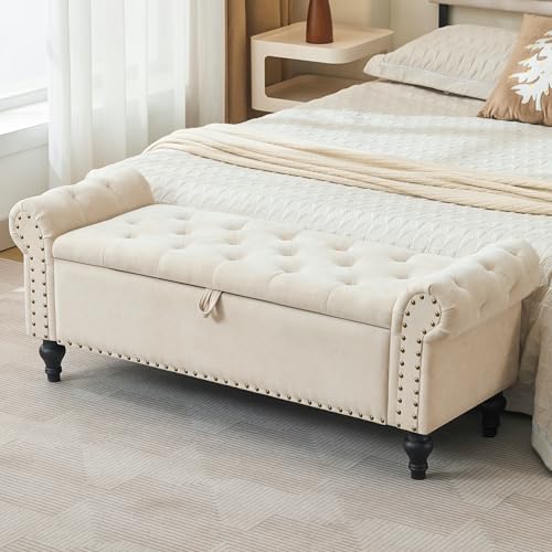 51-Inch Upholstered Storage Bench with Rolled Arms and Button Tufting