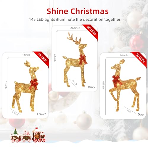 HOYECHI 4FT Gold 3-Piece Lighted Christmas Reindeer Family Set with 145 LED Lights