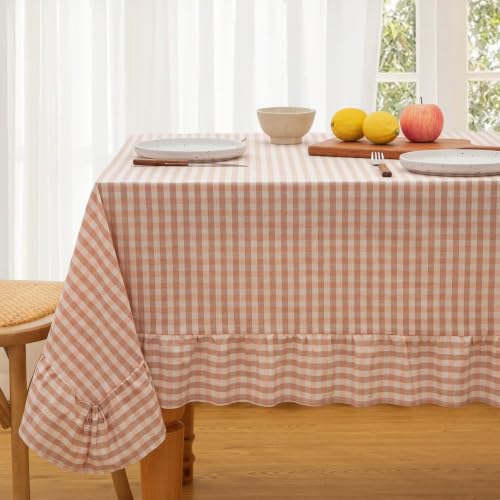 KKJIAF Light Pink Gingham Tablecloth 60 x 120 Inch, Cotton Plaid Table Cover