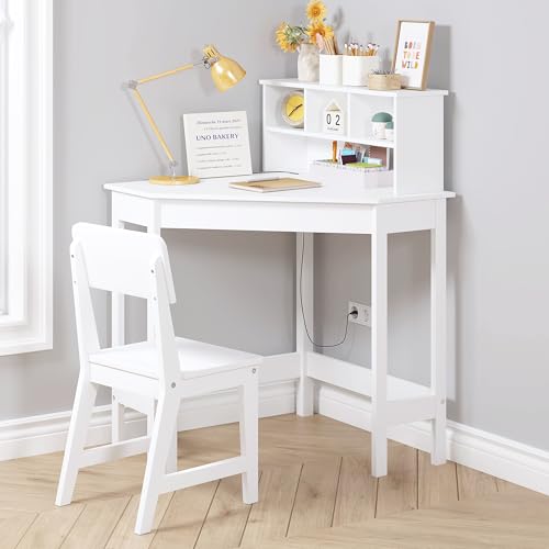 Wooden Kids Corner Desk and Chair Set with Hutch and Bulletin Board