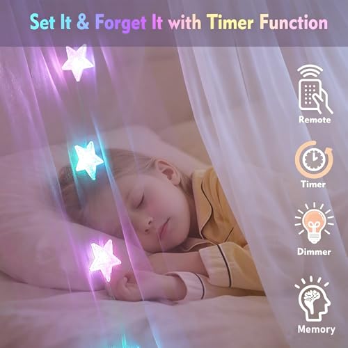 White 8-Corner Bed Canopy with 24-Color Star String Lights & Remote