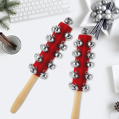 6 Pack Christmas Jingle Bells with Wooden Handle, Handheld Sleigh Bell Shaker
