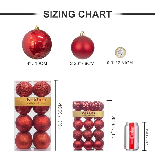 KI Store 4-Inch Red Shatterproof Christmas Balls - 16 pcs Ornaments for Xmas Trees & Holiday Decor