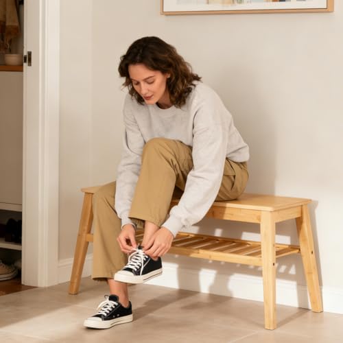 Bamboo Entryway Bench with 2-Tier Shoe Storage Shelf, 33-Inch Wood Bench