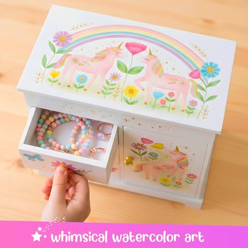 Unicorn Musical Jewelry Box for Girls with Drawers and Floral Design