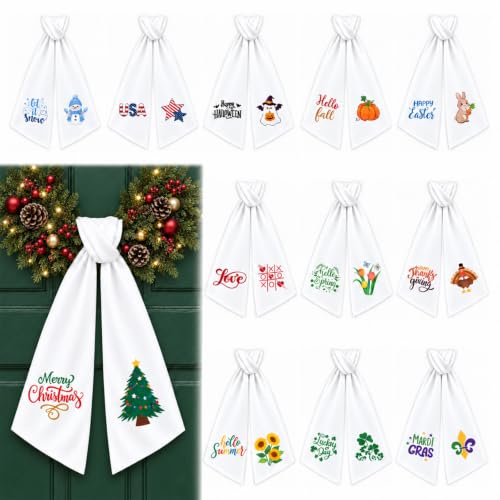YINOSUNDAY Printed Seasonal Wreath Sashes for Front Door, Christmas Halloween Decor, 12 Pack