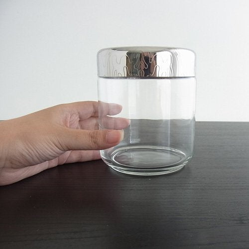 Alessi MW21/75 "Dressed" Glass Jar Hermetic Lid in 18/10 Stainless Steel Mirror Polished With Relief Decoration, Silver