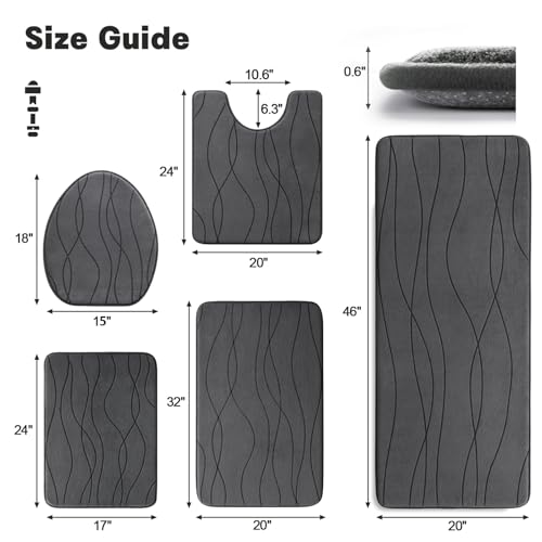 5-Piece Bathroom Rugs Set, Ultra Soft Memory Foam Bath Mats Dark Grey