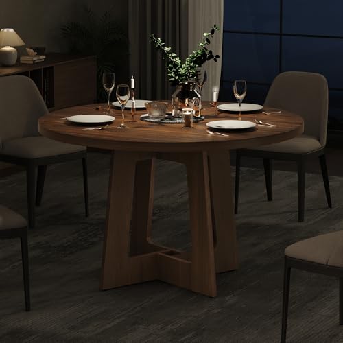 43-Inch Round Dining Table for 4, Walnut Brown Wooden Kitchen Table