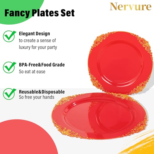 Nervure 100Pcs 10.25'' Red Plastic Plates – Disposable Party Dinner Plates
