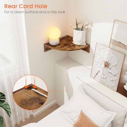 3-Tier Floating Corner Shelves with Cord Management, Rustic Wood Wall Mount
