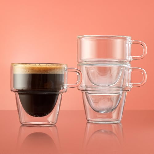 JoyJolt Stoiva Double Wall Insulated Espresso Glass Cups Set of 4, 5 oz
