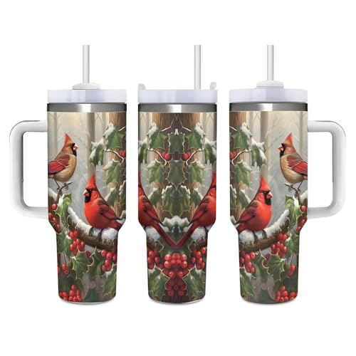 Christmas Red Birds 40oz Insulated Stainless Steel Tumbler with Lid & Straw - Dewoofly