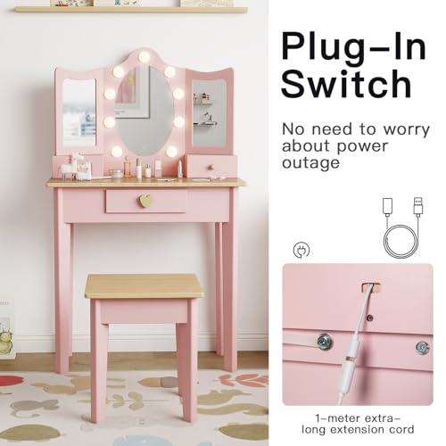 Kids Vanity Set with LED Mirror and Chair - Wooden Makeup Desk for Girls