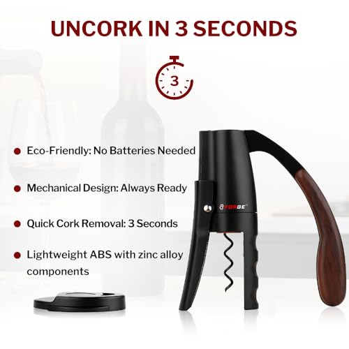 Forge Black Vertical Lever Corkscrew Wine Opener with Foil Cutter – Battery-Free