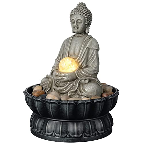 Meditating Buddha Tabletop Water Fountain with LED Glass Orb - 9.6 Inch