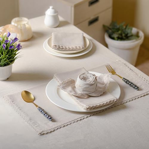 Ivory Lace Cloth Napkins 20x20 Inch - 12 Pack Cotton Linen Blend