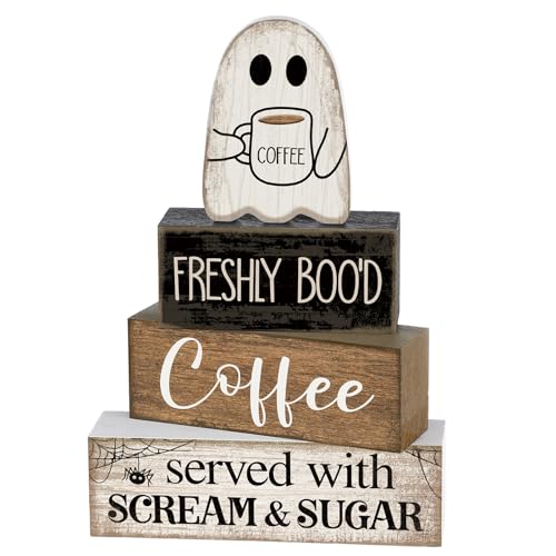 4-Piece Halloween Wooden Ghost Coffee Bar Decor Set - Rustic Tiered Tray Sign