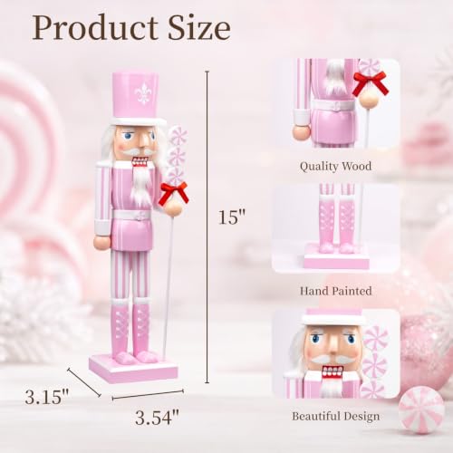 Pink Christmas Nutcracker Figures - 15 Inch Wooden Holiday Decor with Candy Details