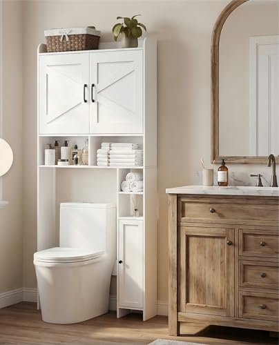 Farmhouse Over The Toilet Storage Cabinet with Barn Door and Side Shelf
