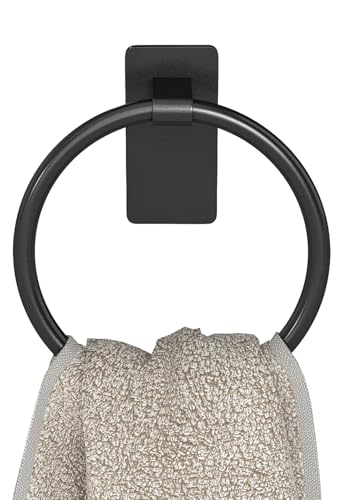 STWWO Black Adhesive Hand Towel Ring - No Drill Towel Holder for Bathroom