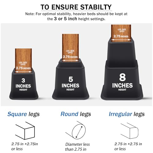 Heavy Duty Bed Risers - Adjustable 3, 5, 8 Inch Elevation (8 Pack)