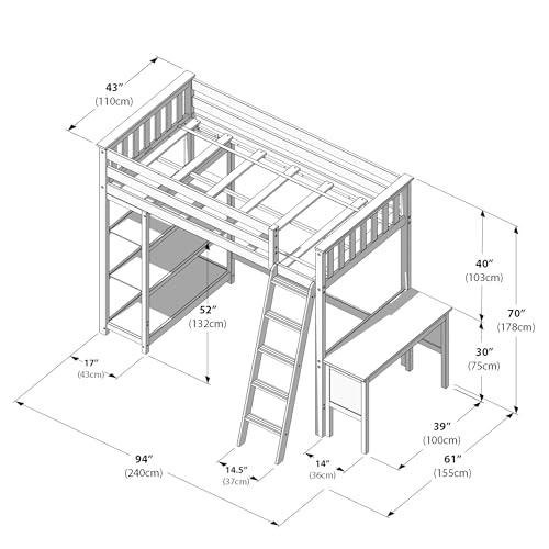 Twin High Loft Bed with Desk and Bookcase - Solid Pine Wood, White
