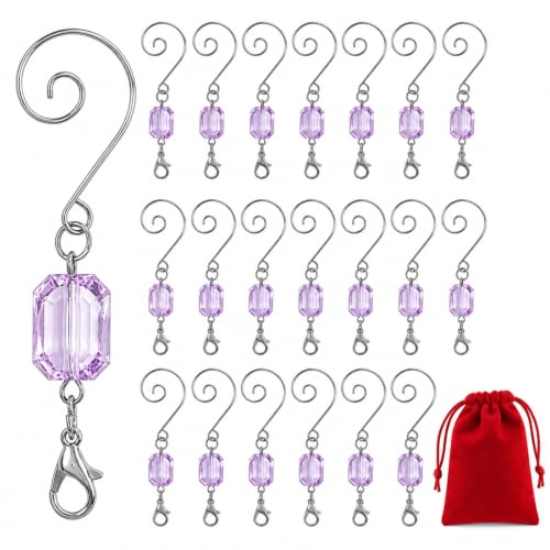 BANBERRY DESIGNS 20 Pack Light Purple Acrylic Gem Christmas Ornament Hooks, 3 Inch Tree Hangers
