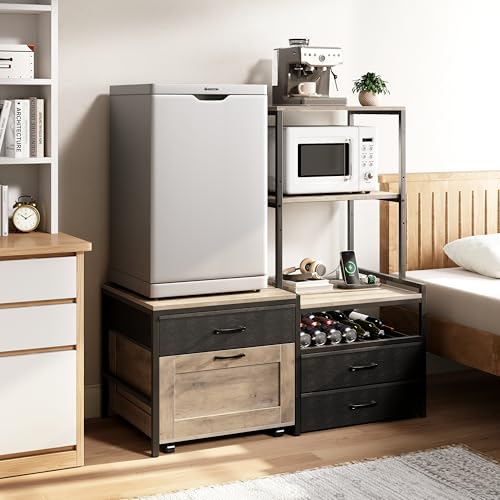 Mini Fridge Stand with Wine Rack and Storage Drawers, Kitchen Baker's Rack
