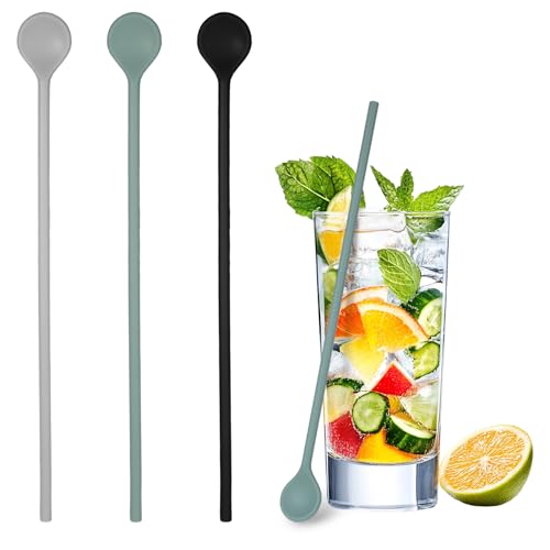 3 Pack Silicone Long Stirring Spoons for Coffee Cocktails and Drinks - Black, Gray, Cyan