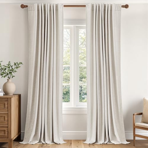 100% Blackout Linen Curtains 40W x 84L - Thermal Insulated Cream Drapes