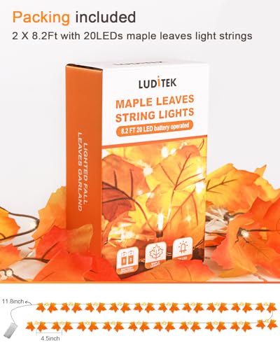 Lighted Fall Garland Maple Leaf String Lights - 2 Pack 16.4ft Battery Operated