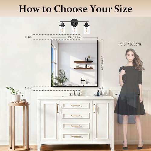 30x30 Inch Black Metal Wall Mirror, Rectangular Modern Vanity Mirror