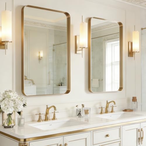 24x36 Brushed Gold Bathroom Mirror - 2 Pack, Rustproof Aluminum Frame