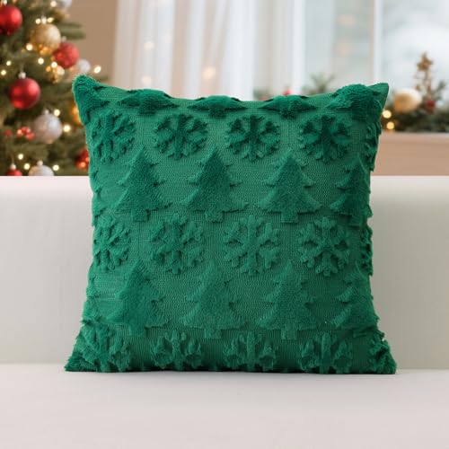 OTOSTAR 2-Pack 16x16 Inch Christmas Tree Snowflake Throw Pillow Covers - Faux Fur Green