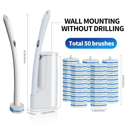 Disposable Toilet Brush Set with Wall Mount Holder & 50 Refill Pads
