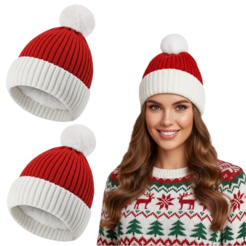 Classic Jamntower Christmas Knit Santa Hat for Adults - Unisex Holiday Accessory, 2 Pack