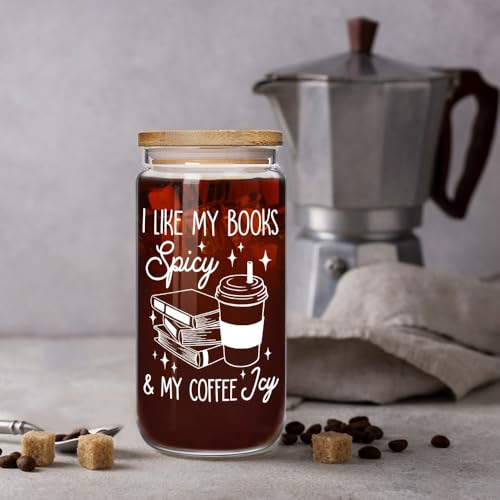 16oz Book Lovers Coffee Glass with Lid & Straw – Cute Bookish Mugs Gift for Readers
