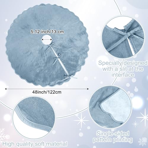 48-Inch Gray Blue Velvet Christmas Tree Skirt, Rustic Scalloped Edge
