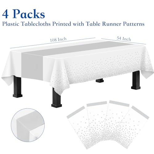 4 Packs White & Silver Plastic Tablecloths 54 x 108 in with Silver Table Runner – Ammbeetty, Rectangle Party Decor