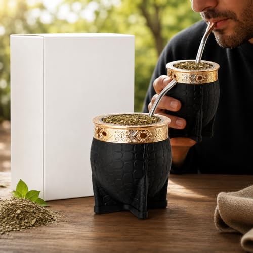 Black Mate Imperial Argentino Kit - Stainless Steel Tea Cup & Leather Wrapped Mug with Straw