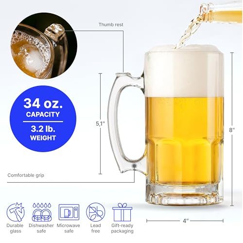 Large Glass Beer Mugs with Handle - 34 oz Heavy Beer Stein Set of 2