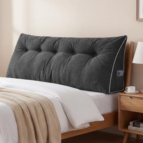 Queen Wedge Headboard Pillow - Dark Grey Backrest Cushion with Side Pockets